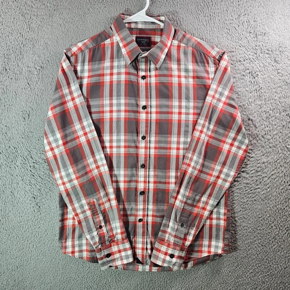 Untuckit Shirt Men Medium Slim Fit Button Up Long Sleeve Gray Red Plaid Pls Read